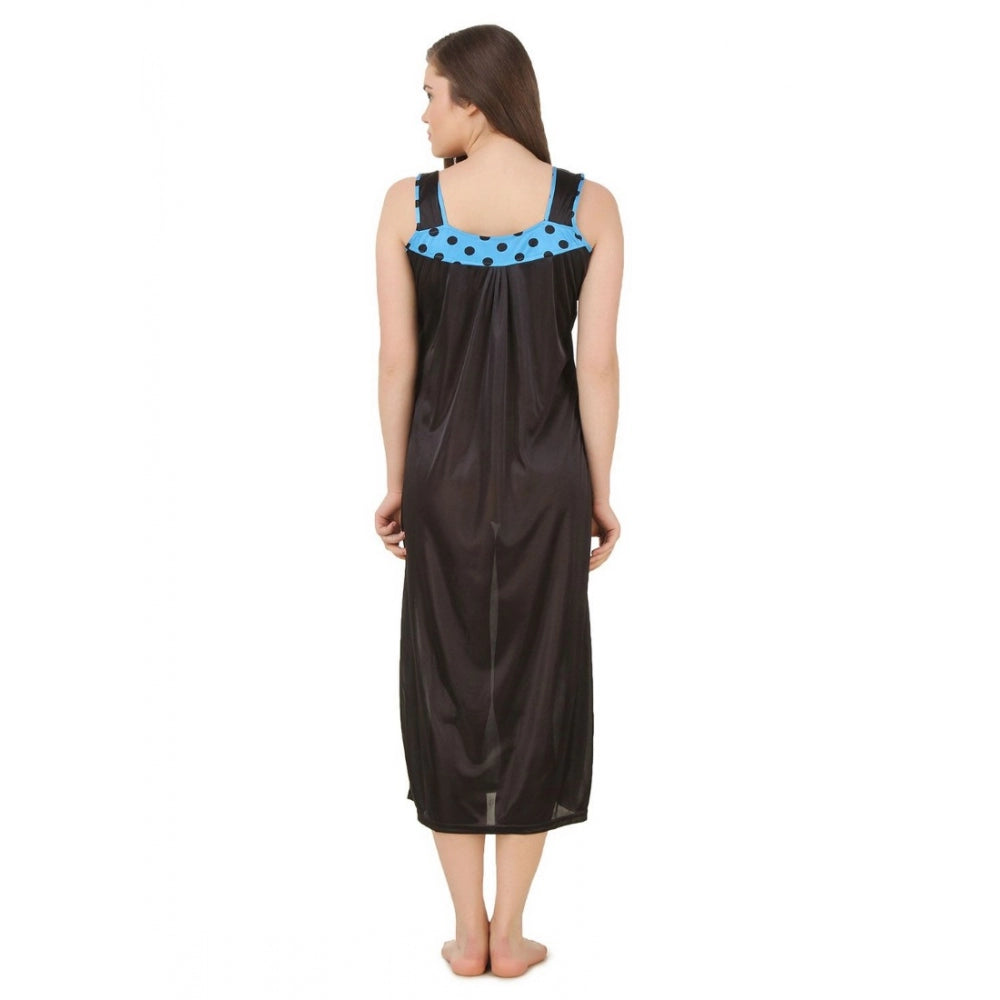 Women's Satin Long Nighty with Sleeve Less(Color: Turquoise and Black, Neck Type: U Neck)