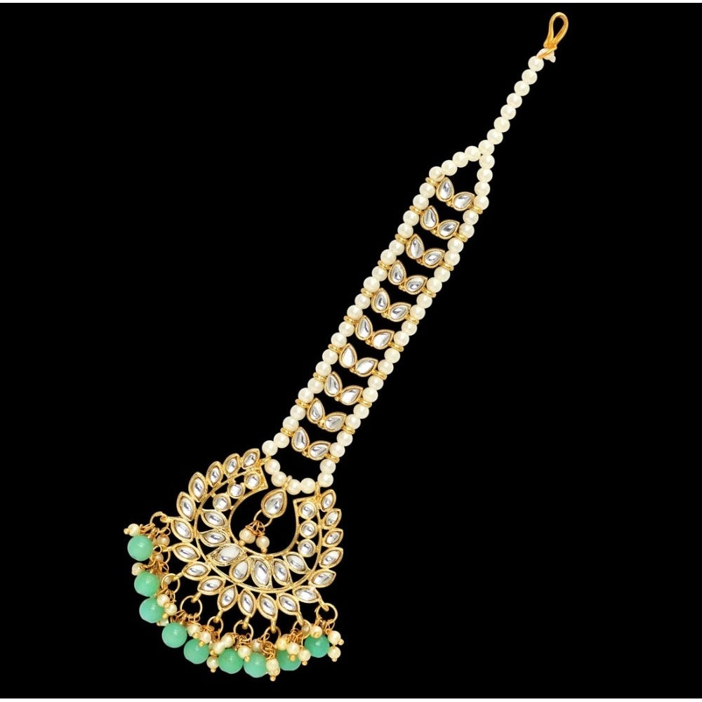 Generic Women's Green Color Imitation Pearl & Kundan Maang Tikka