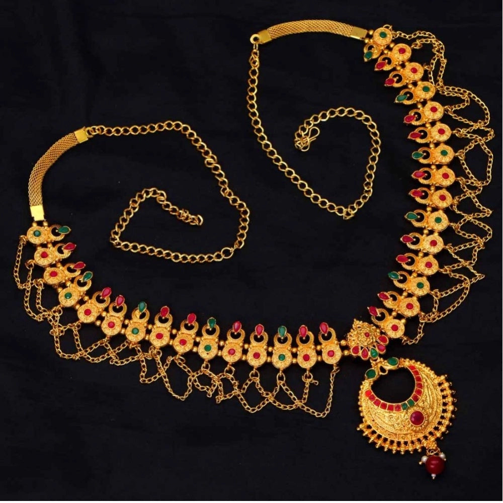 Generic Women's Maroon & Green Color Glass Stone Kamarband Adjustable Chain