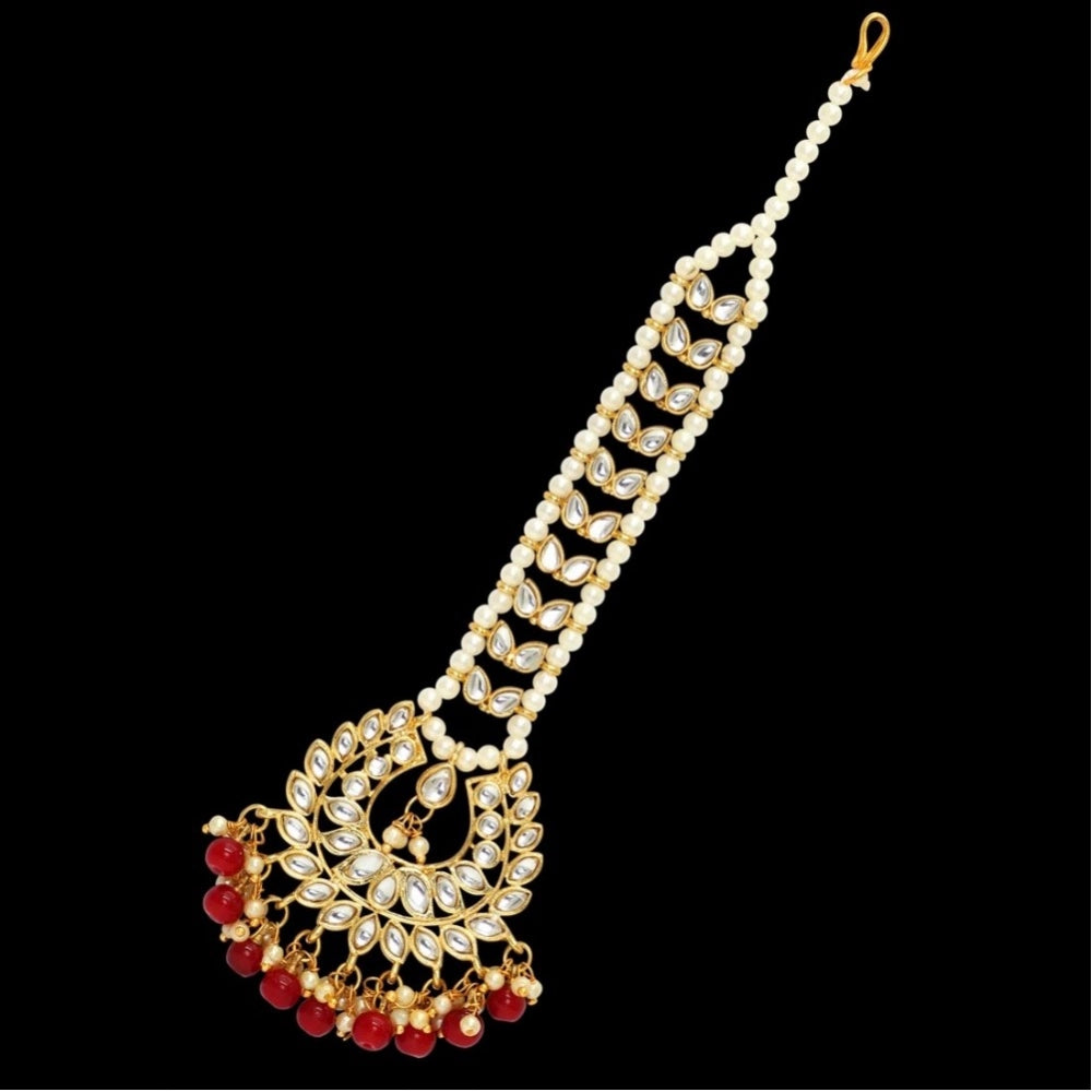 Generic Women's Maroon Color Imitation Pearl & Kundan Maang Tikka