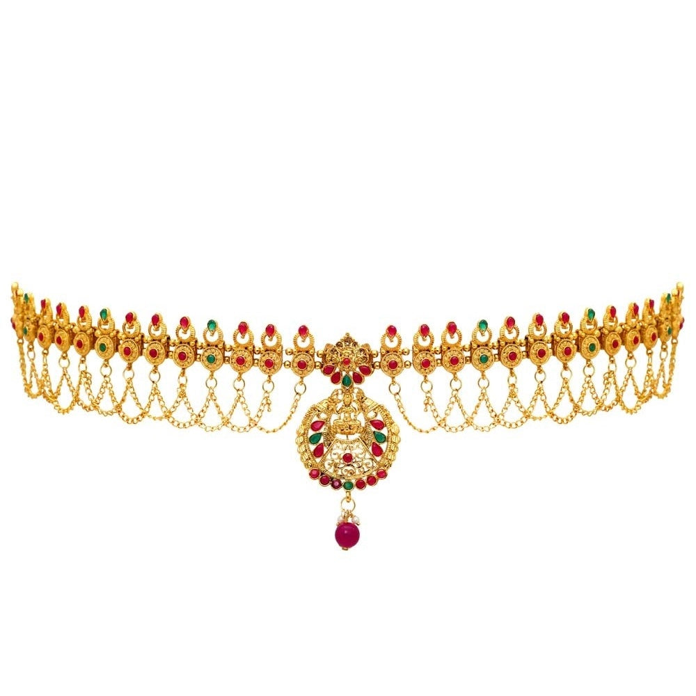 Generic Women's Maroon & Green Color Glass Stone Kamarband Adjustable Chain