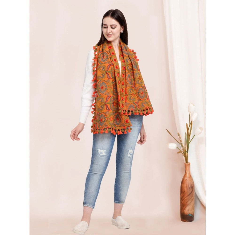 Generic Women's Cotton Embroidered Muffler (Orange, Length: 0.5 to 1 Mtr)