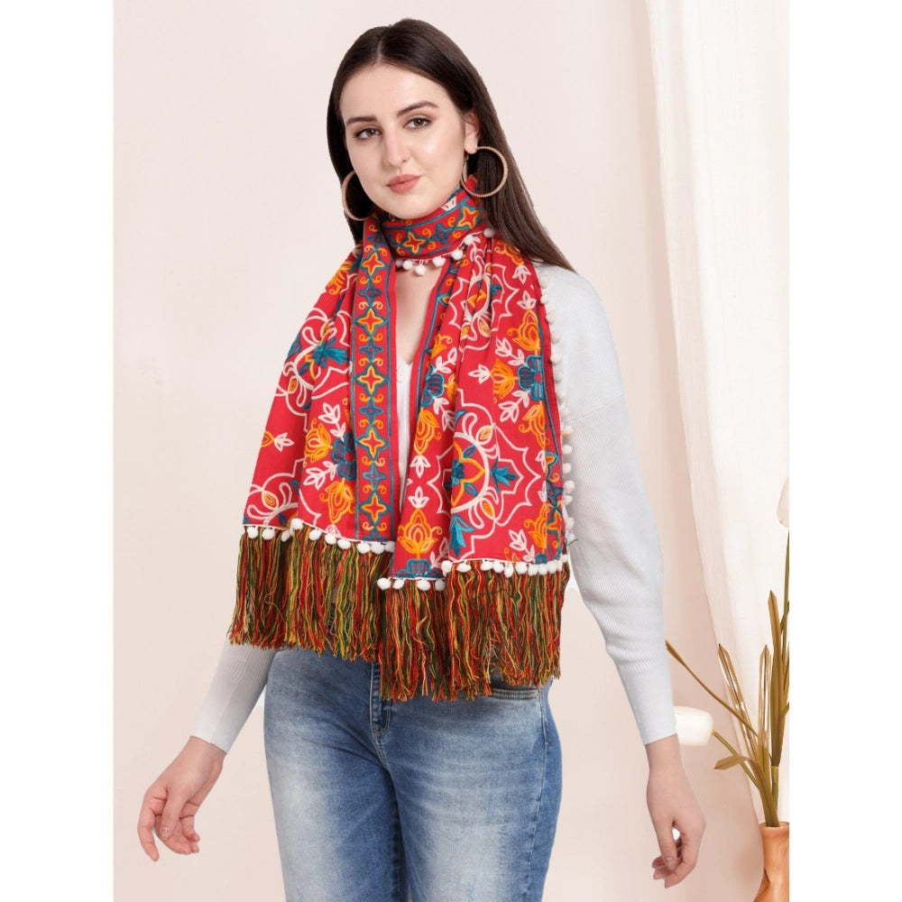 Generic Women's Cotton Embroidered Muffler (Red, Length: 0.5 to 1 Mtr)
