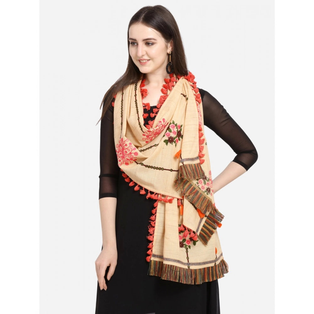 Generic Women's Cotton Embroidered Dupatta (Beige, Length: 1.5 to 2 Mtr)