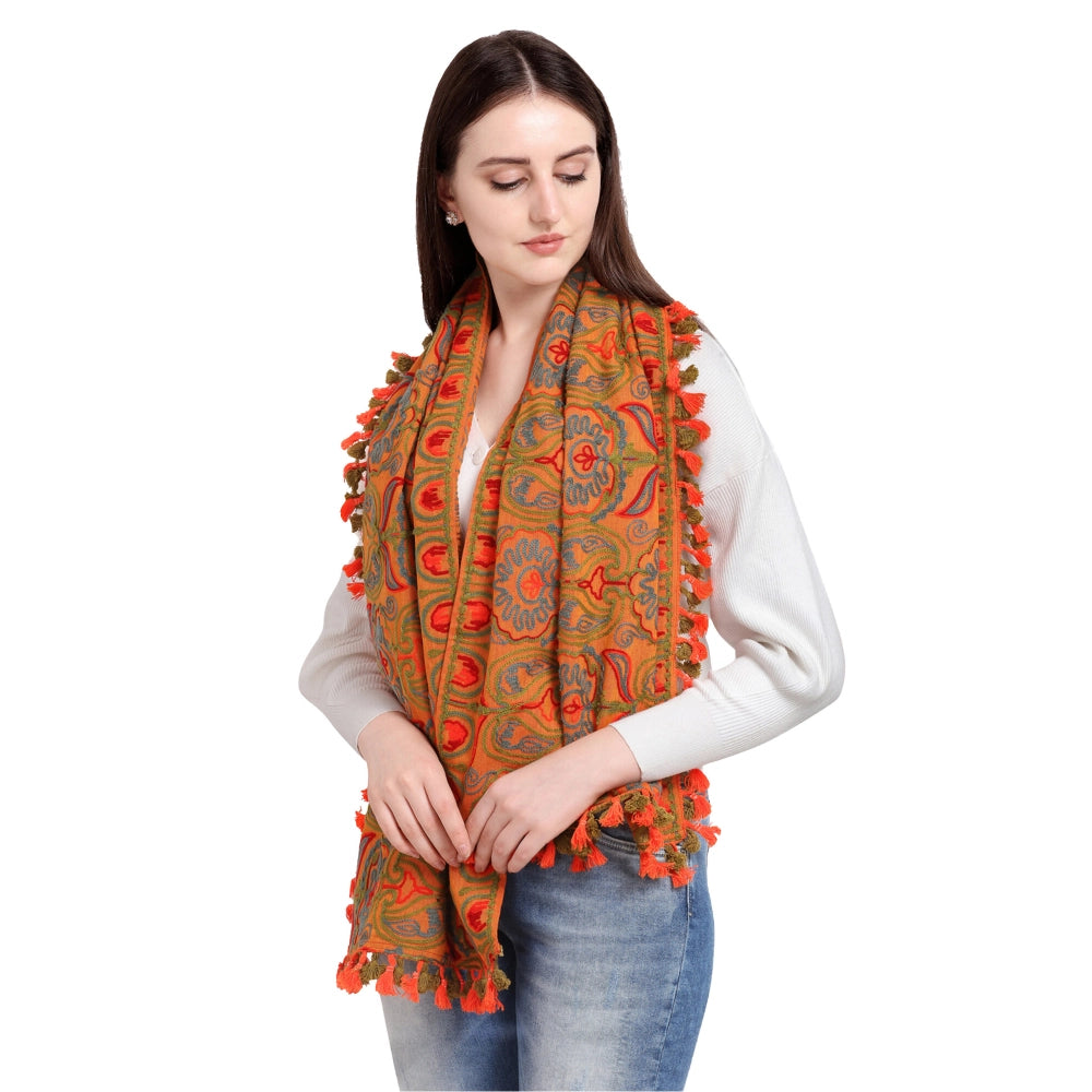 Generic Women's Cotton Embroidered Muffler (Orange, Length: 0.5 to 1 Mtr)