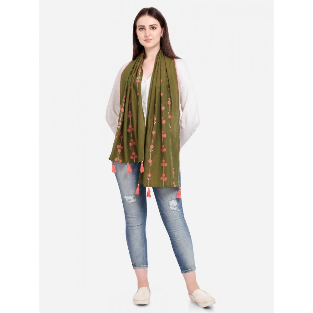 Generic Women's Cotton Opaque Stole (Olive, Length: 1.5 to 2 Mtr)