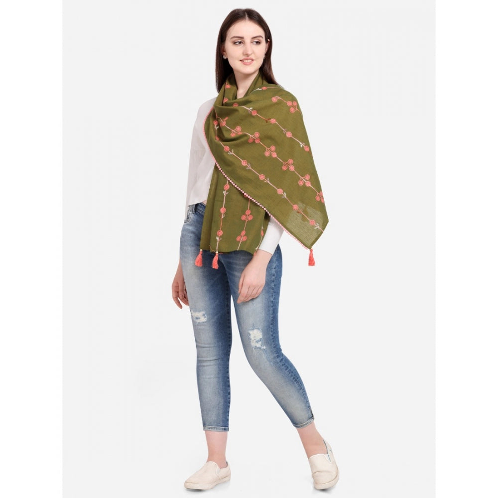 Generic Women's Cotton Opaque Stole (Olive, Length: 1.5 to 2 Mtr)