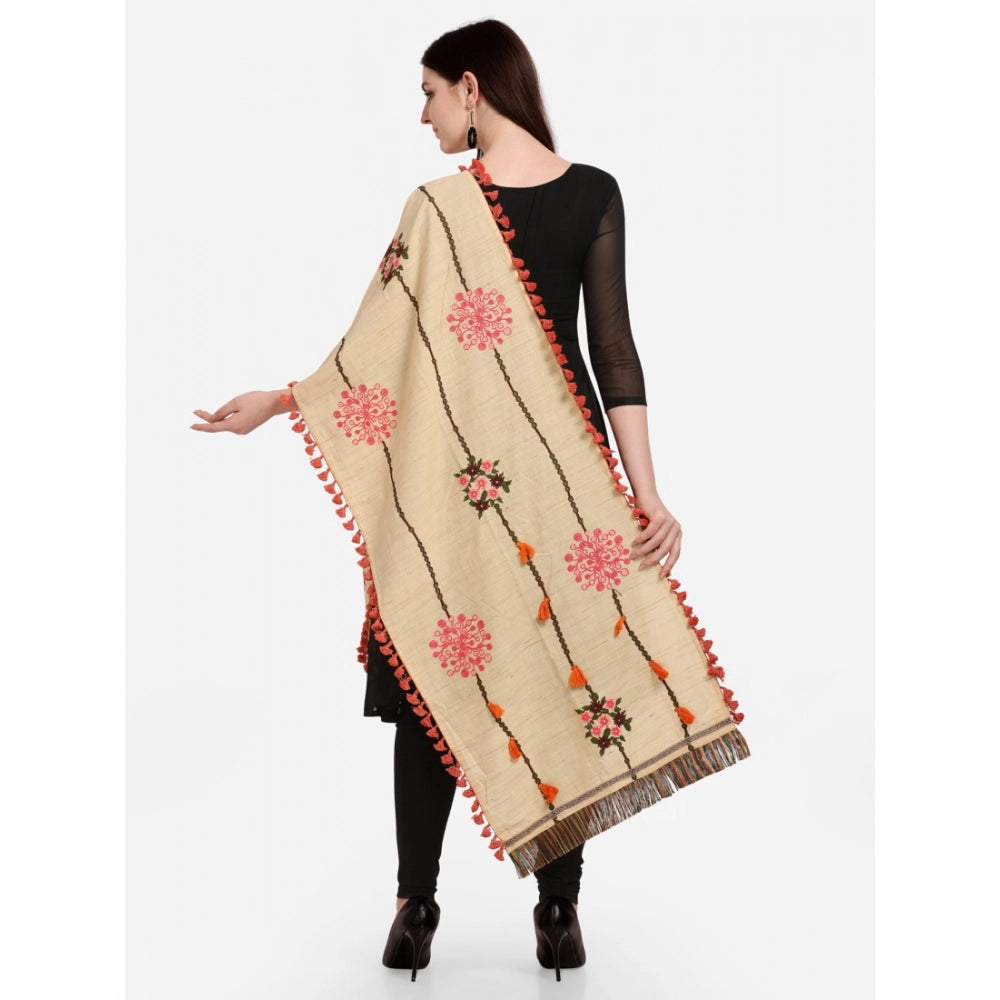 Generic Women's Cotton Embroidered Dupatta (Beige, Length: 1.5 to 2 Mtr)