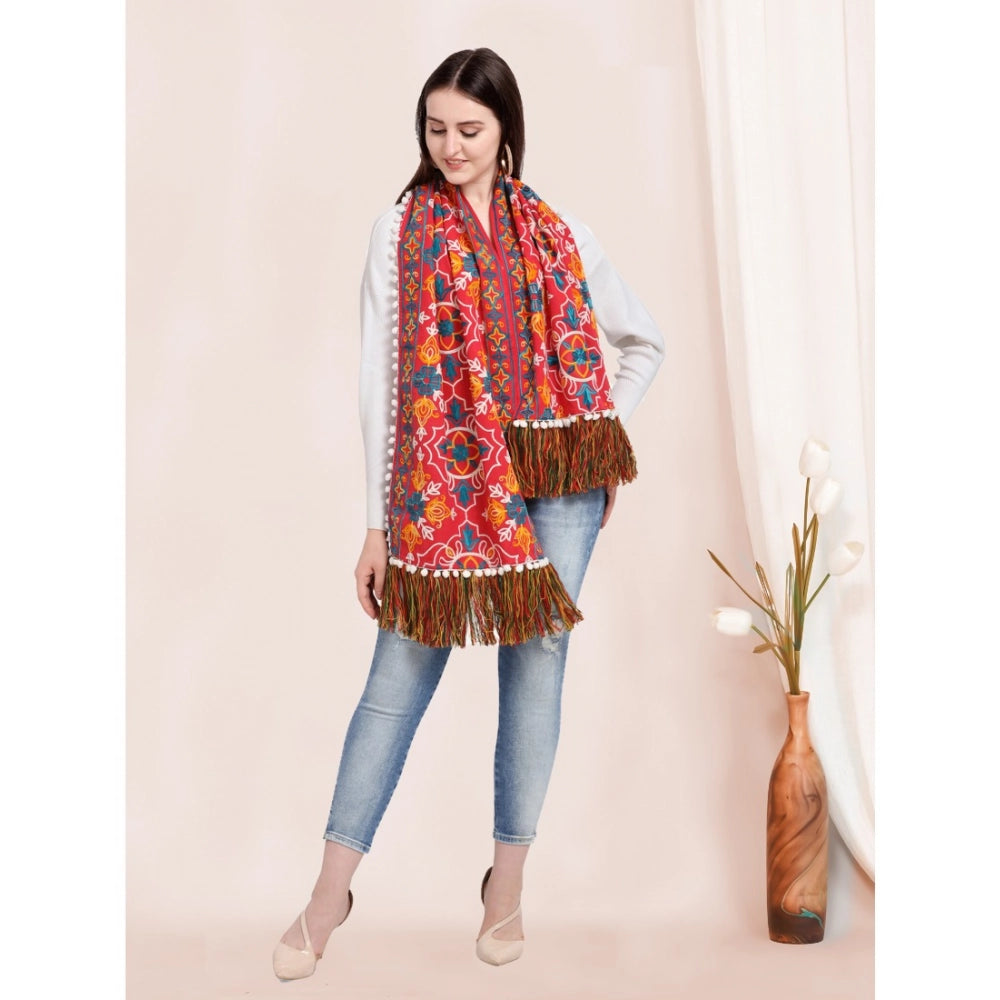 Generic Women's Cotton Embroidered Muffler (Red, Length: 0.5 to 1 Mtr)