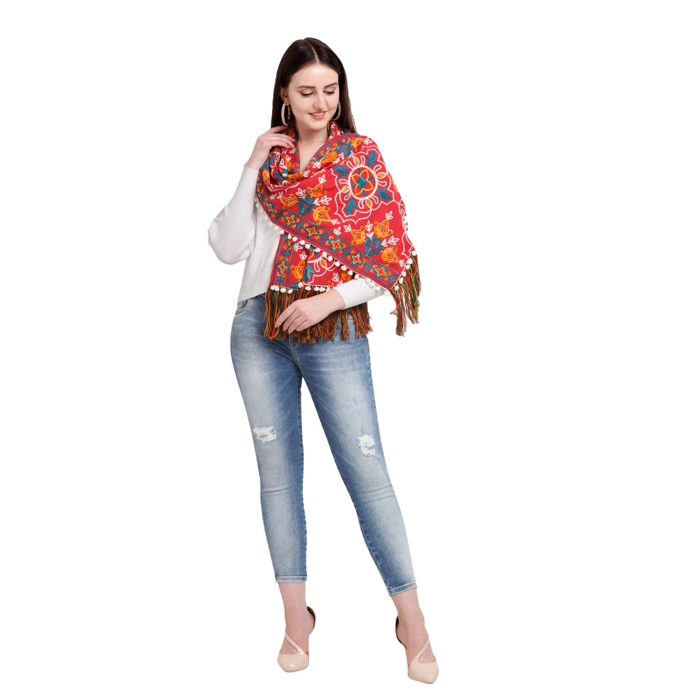 Generic Women's Cotton Embroidered Muffler (Red, Length: 0.5 to 1 Mtr)