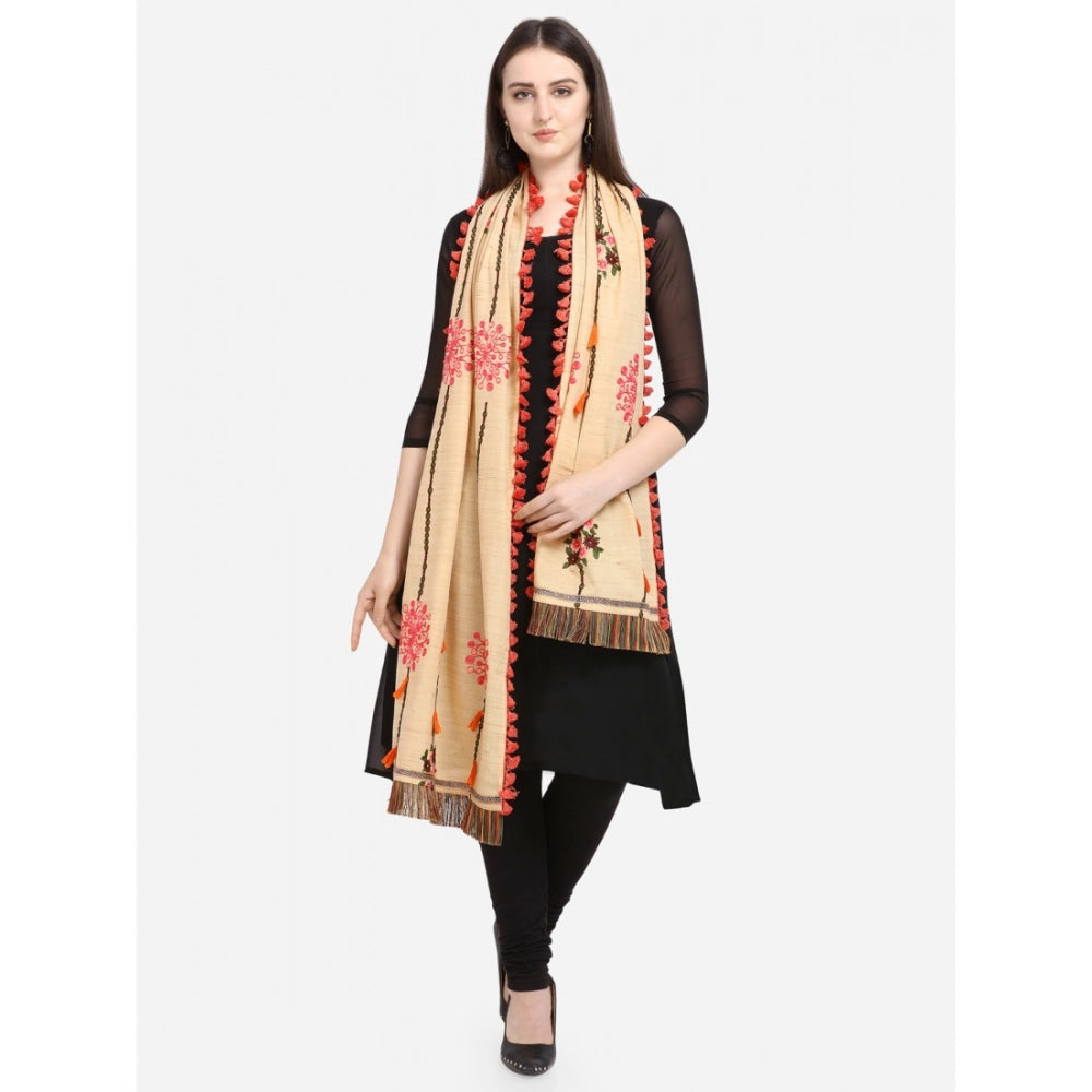 Generic Women's Cotton Embroidered Dupatta (Beige, Length: 1.5 to 2 Mtr)