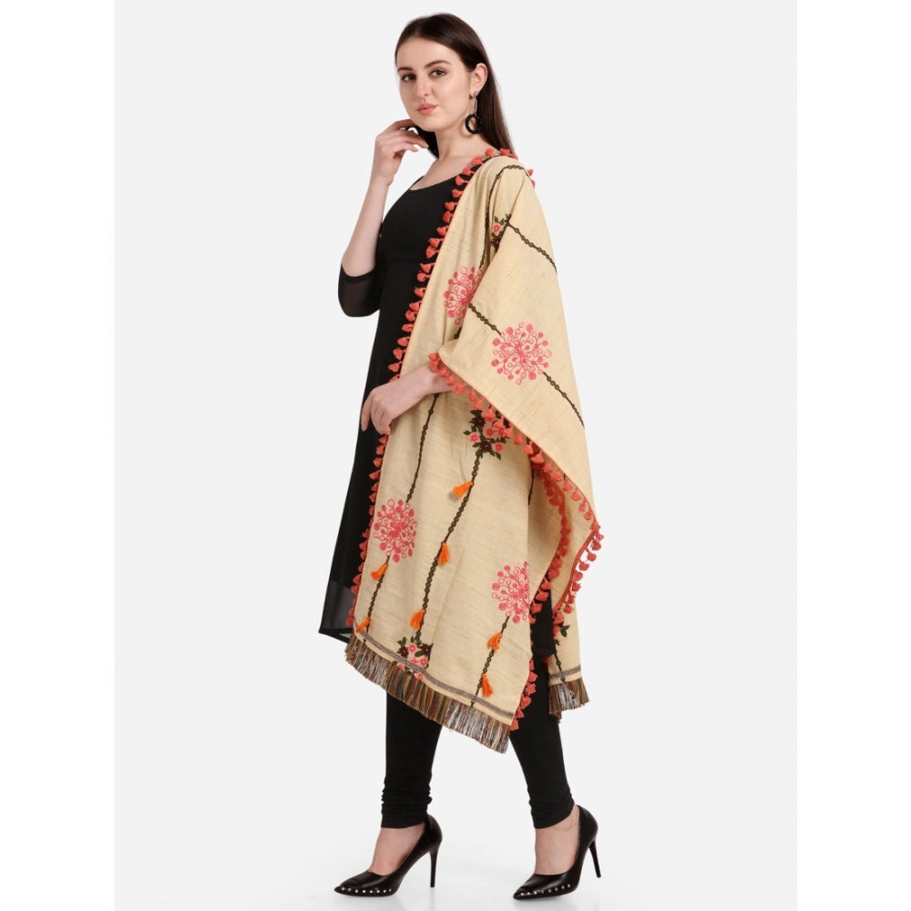 Generic Women's Cotton Embroidered Dupatta (Beige, Length: 1.5 to 2 Mtr)