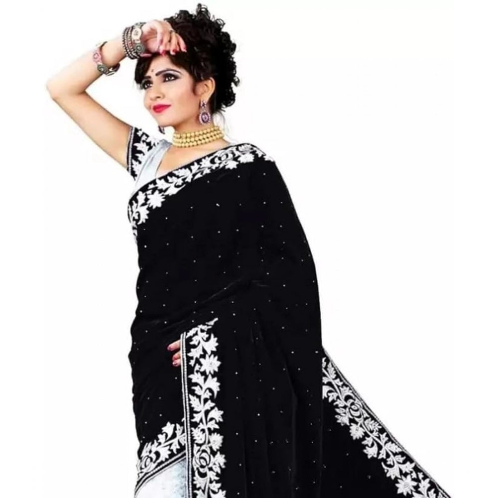 जेनेरिक महिलाओं की मखमली कढ़ाई वाली साड़ी अनस्टिच्ड ब्लाउज के साथ (काला, 5.5 मीटर)