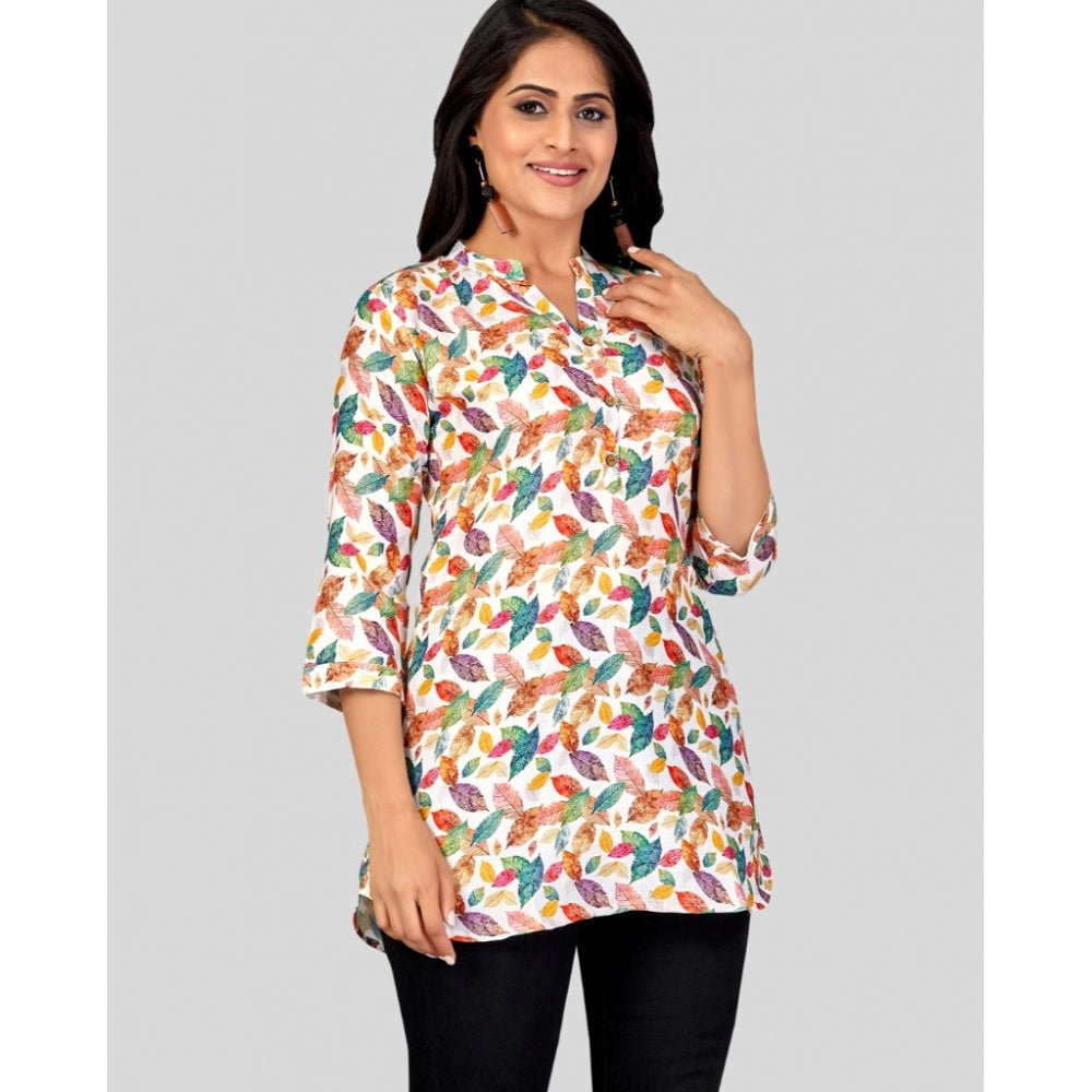 Generic Women's Cotton Blend Mandarin Collar 3/4 Sleeves Short Top (Multicolor)