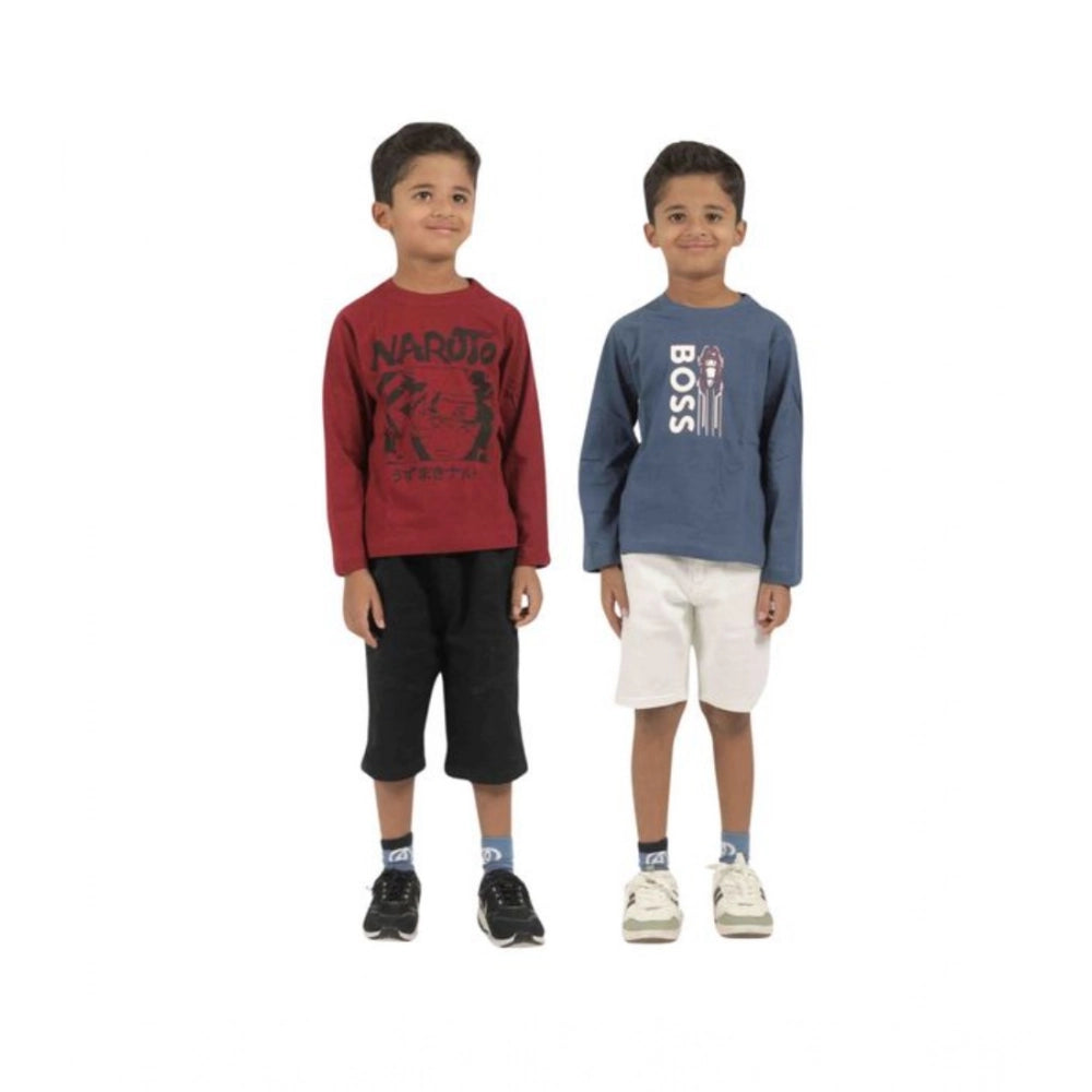 Generic Pack of 2 Boy's Cotton Printed Full Sleeve T-Shirt's (Multicolor)