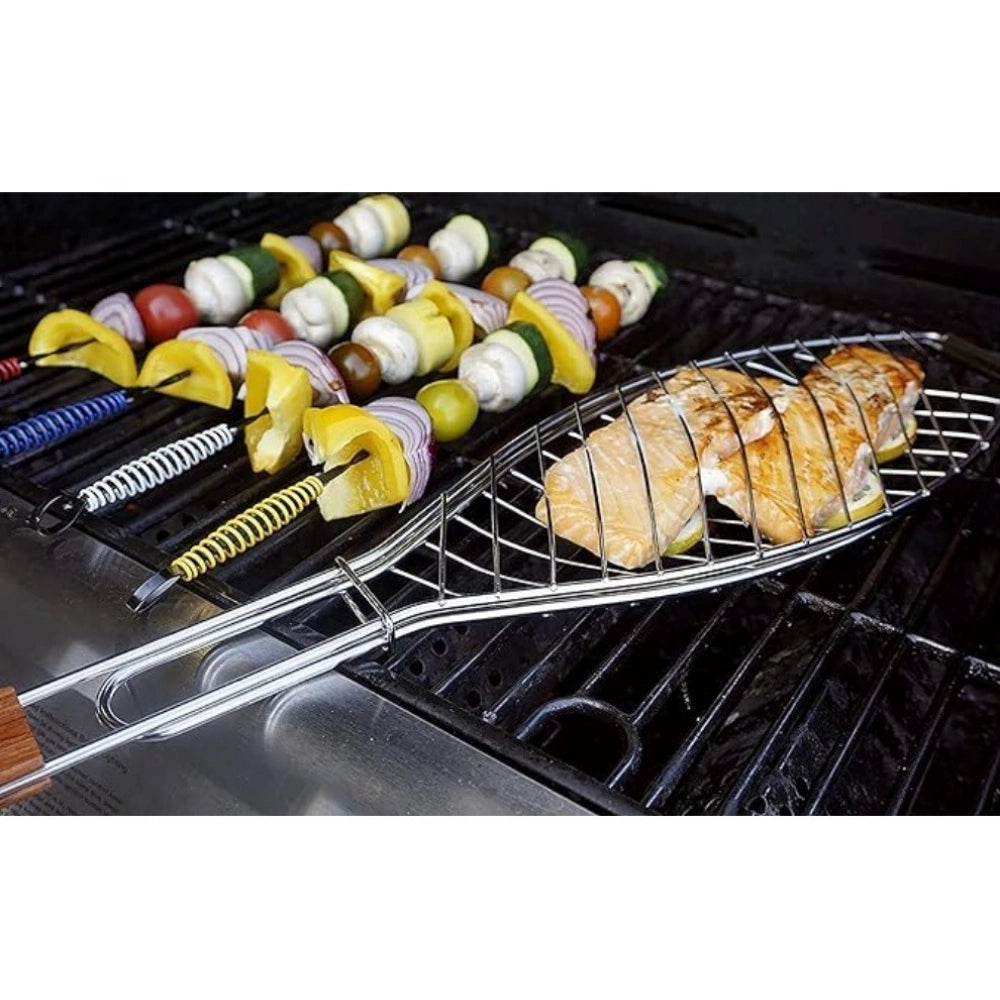 Generic Steel Roasting Fish Grilling Basket (Silver)