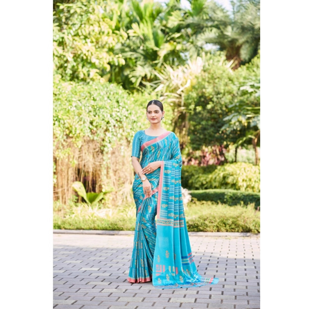 Generic Women's Crepe Printed Saree With Unstitched Blouse (Dark Blue, 5-5 Mtrs)