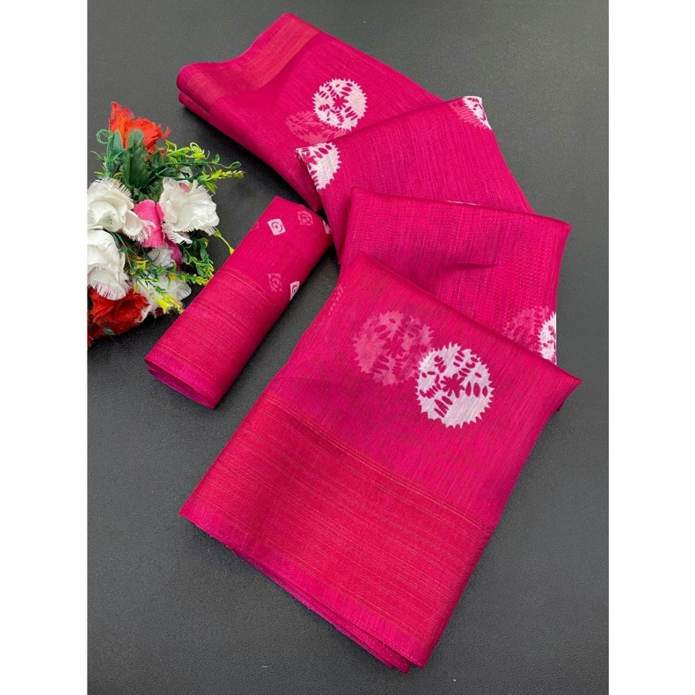 Generic Women's Cotton Blend Printed Saree With Unstitched Blouse (Pink, 5-5 Mtrs)