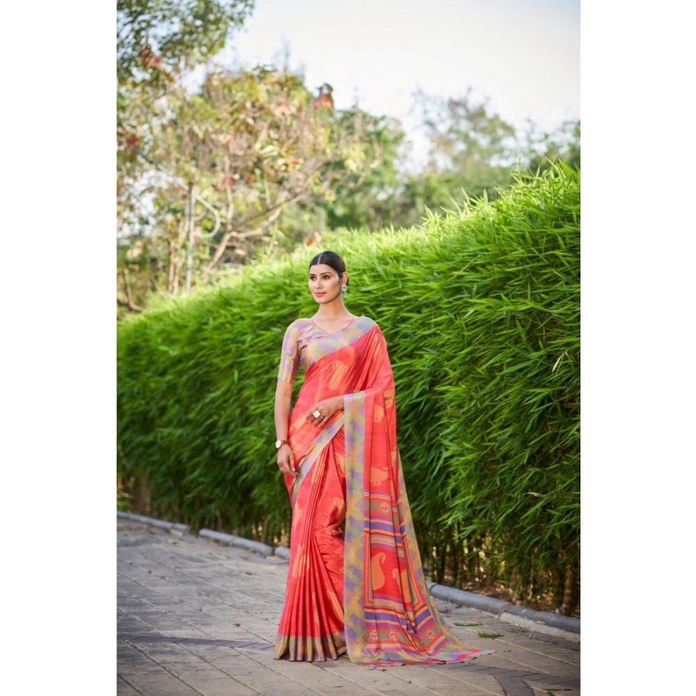 Generic Women's Crepe Printed Saree With Unstitched Blouse (Red, 5-5 Mtrs)