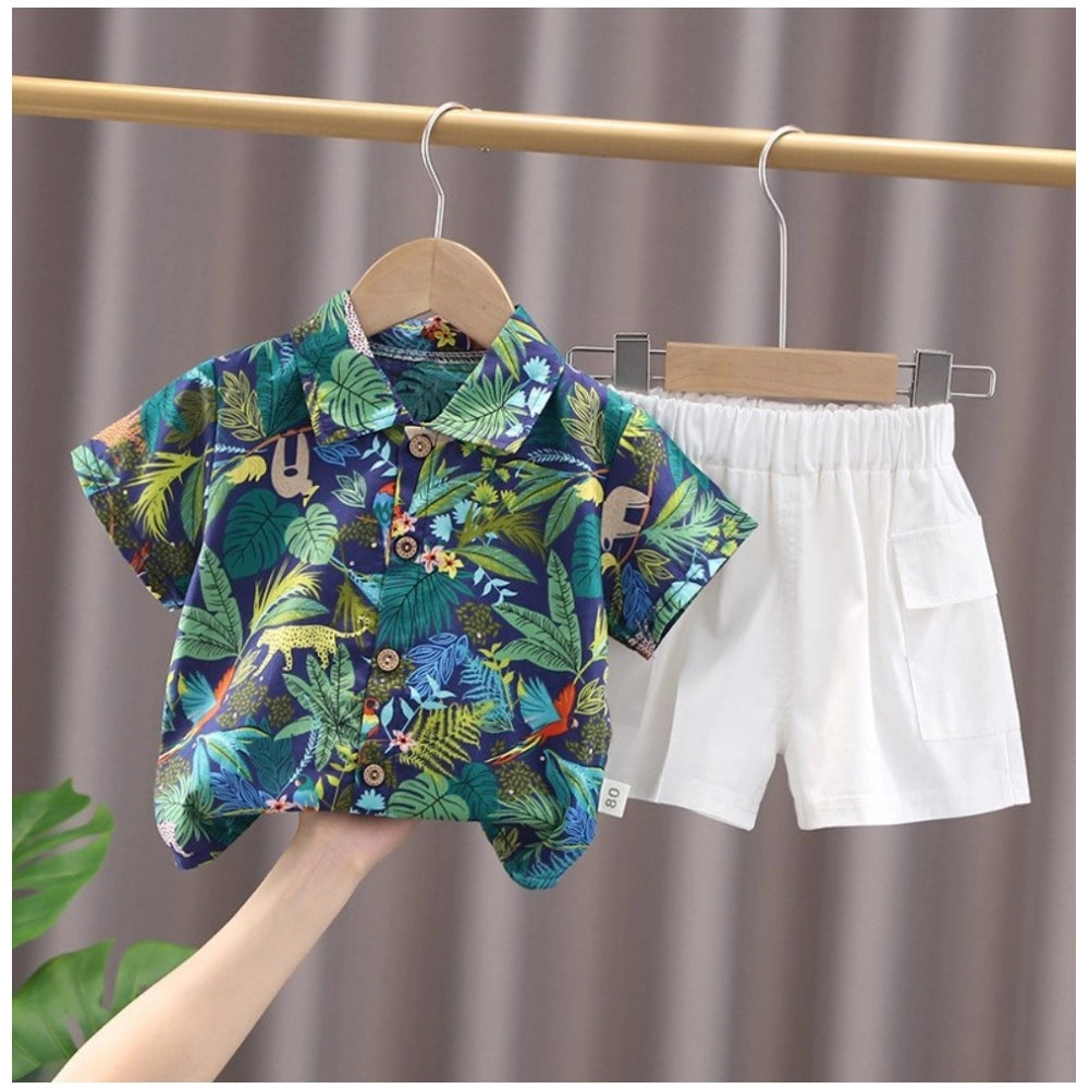 Generic Kid's Lycra Printed Casual wear Shirt And Shorts Set (Blue)