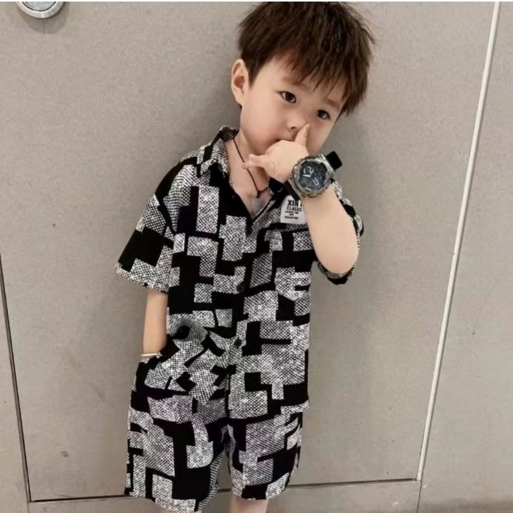 Generic Kid's Lycra Printed Casual wear Shirt And Shorts Set (Black)
