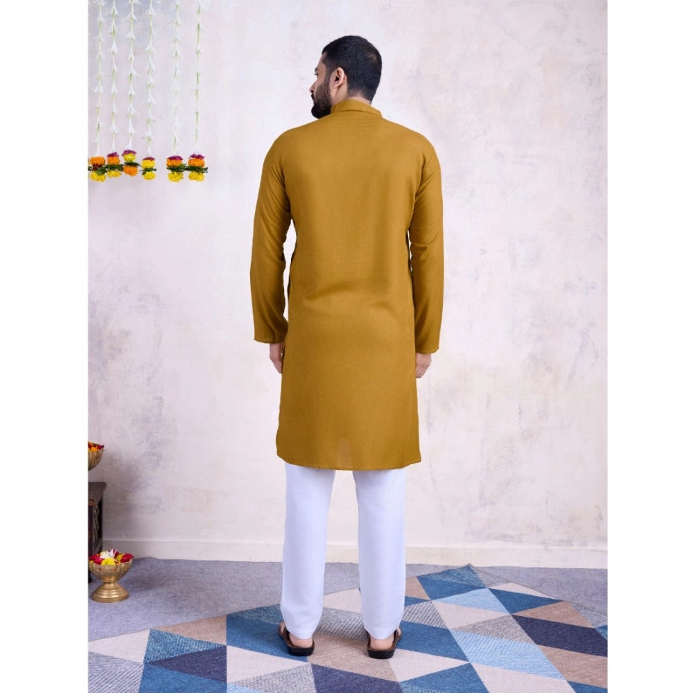 Generic Men's Rayon Mirror Embroidery Mandarin Collar Kurta (Yellow)