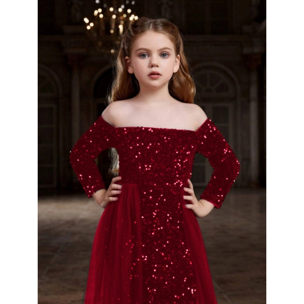 Generic Girl's Rayon Solid Off Sholder Western Dress (Maroon)