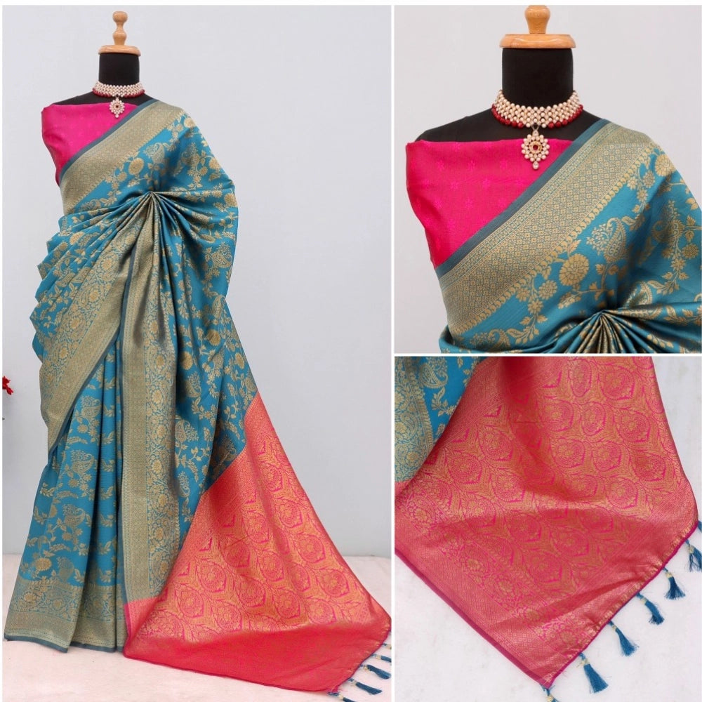 Generic Women's Banarasi Printed Saree With Unstitched Blouse 5.5Mtr (Aqua Blue)