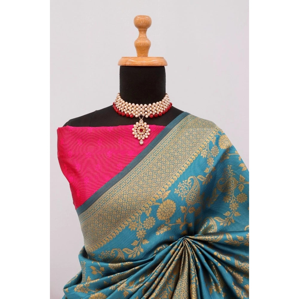 Generic Women's Banarasi Printed Saree With Unstitched Blouse 5.5Mtr (Aqua Blue)