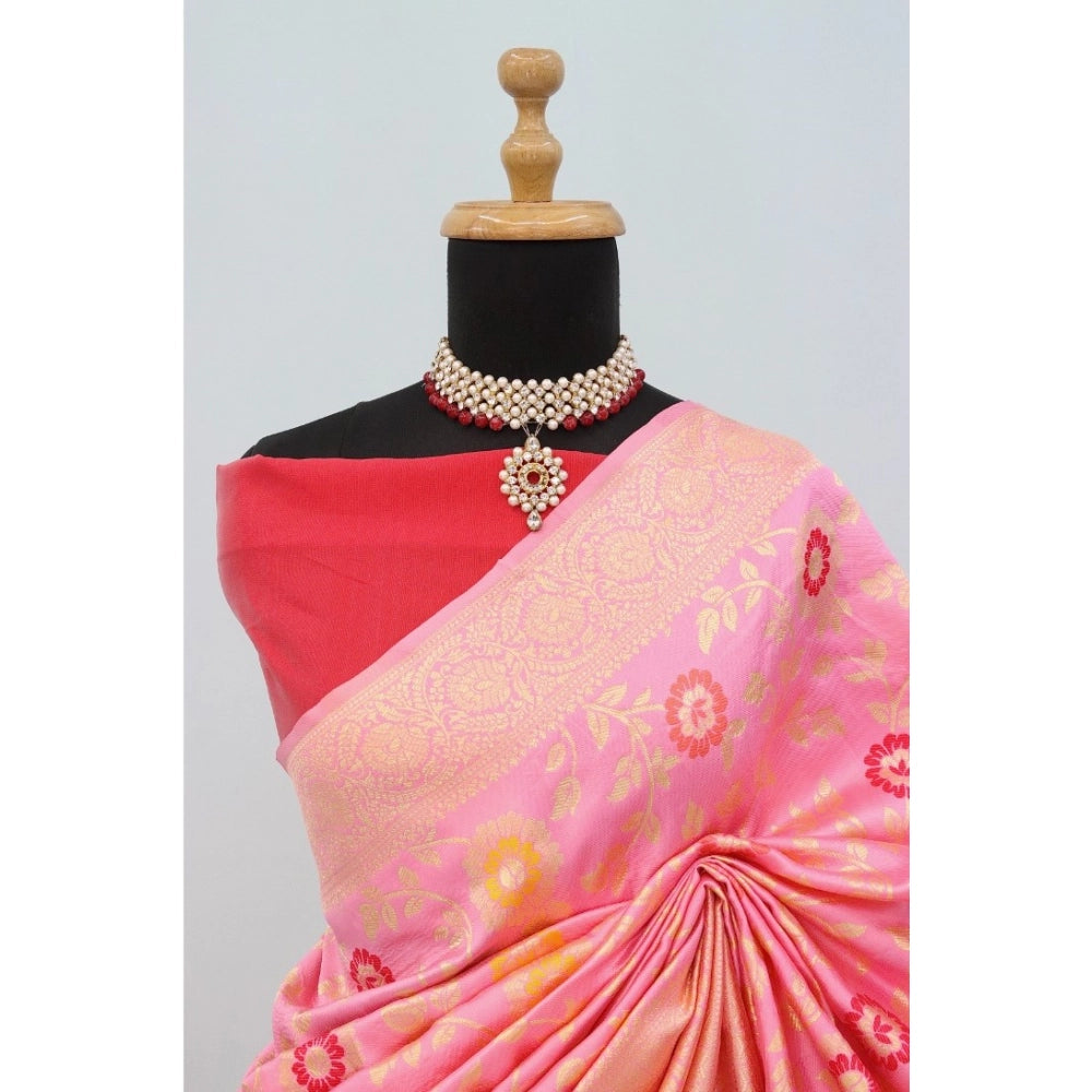 Generic Women's Banarasi Printed Saree With Unstitched Blouse 5.5Mtr (Pink)