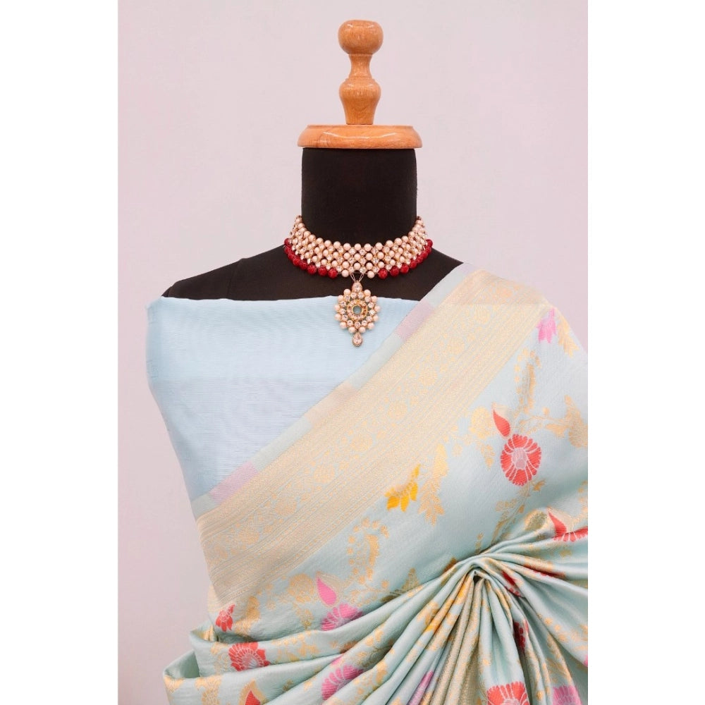 Generic Women's Banarasi Printed Saree With Unstitched Blouse 5.5Mtr (Firozi)