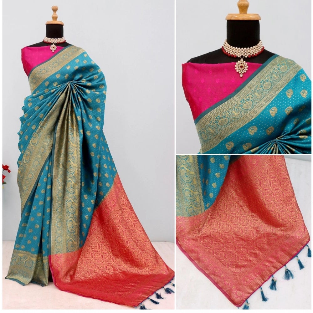Generic Women's Banarasi Printed Saree With Unstitched Blouse 5.5Mtr (Aqua Blue)