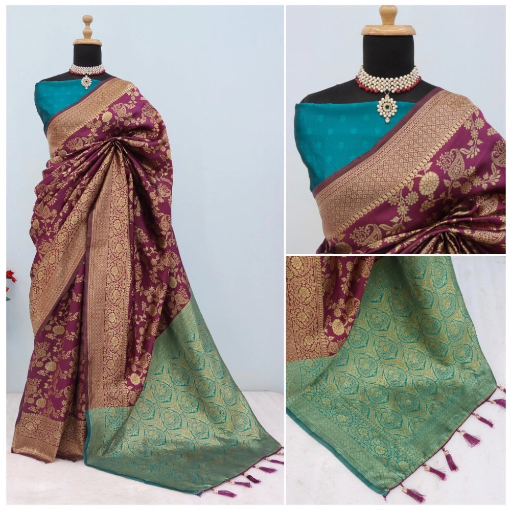 Generic Women's Banarasi Printed Saree With Unstitched Blouse 5.5Mtr (Purple)