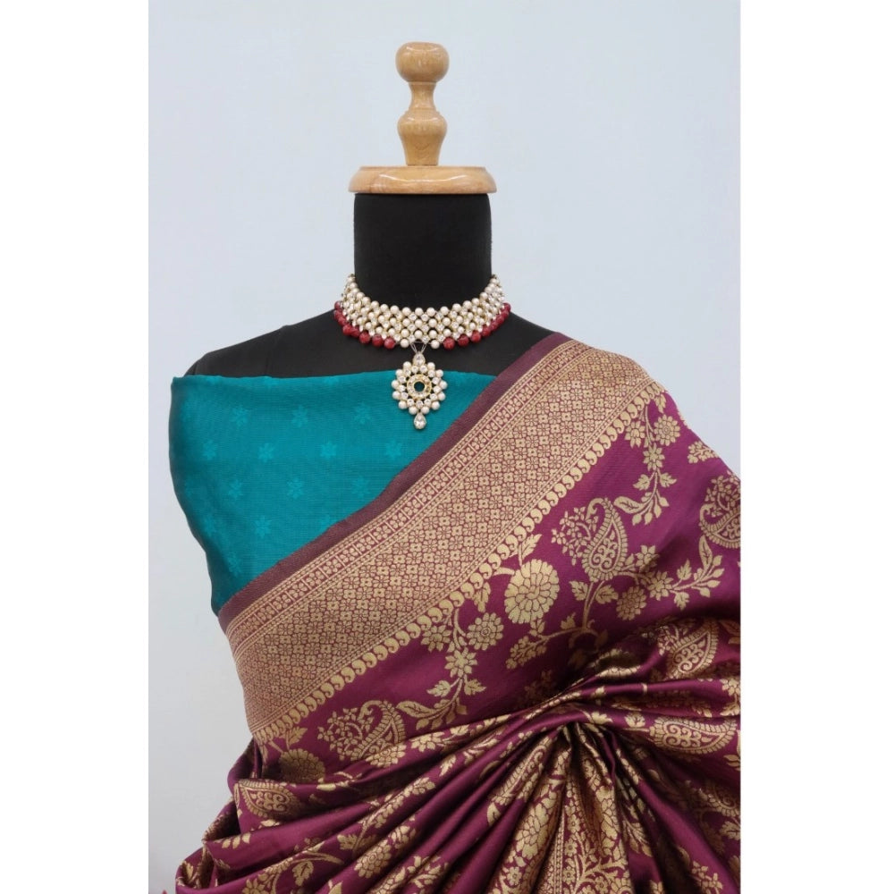 Generic Women's Banarasi Printed Saree With Unstitched Blouse 5.5Mtr (Purple)