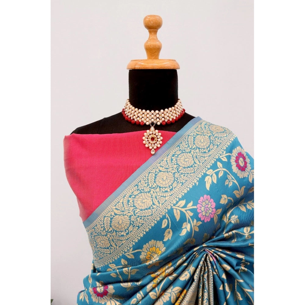 Generic Women's Banarasi Printed Saree With Unstitched Blouse 5.5Mtr (Aqua Blue)