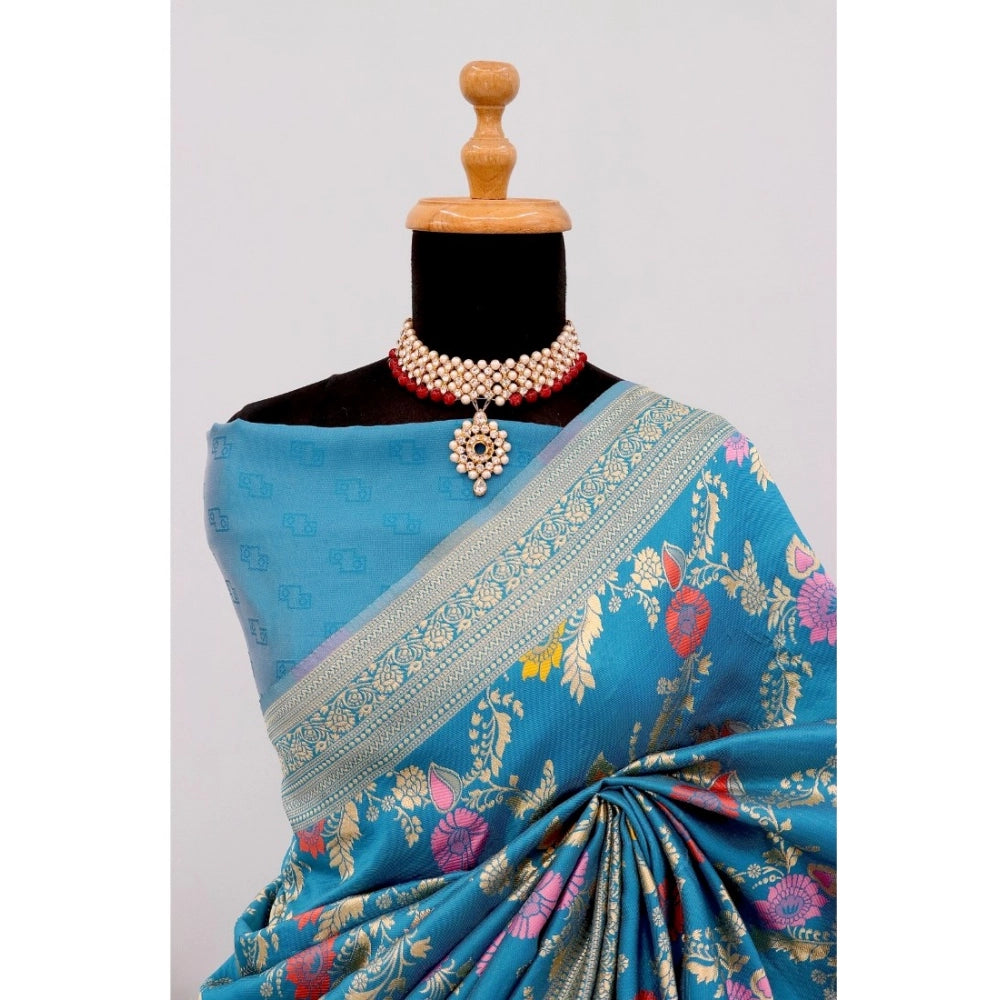 Generic Women's Banarasi Printed Saree With Unstitched Blouse 5.5Mtr (Aqua Blue)