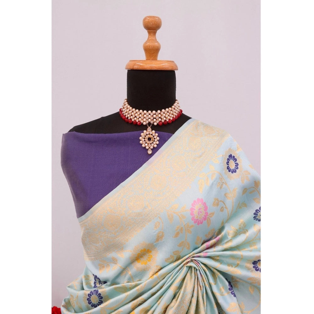 Generic Women's Banarasi Printed Saree With Unstitched Blouse 5.5Mtr (Firozi)