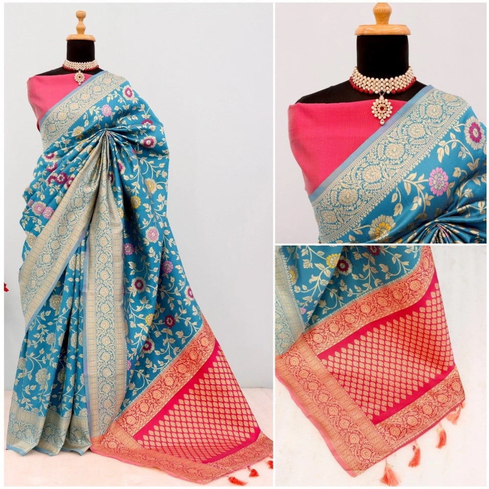 Generic Women's Banarasi Printed Saree With Unstitched Blouse 5.5Mtr (Aqua Blue)