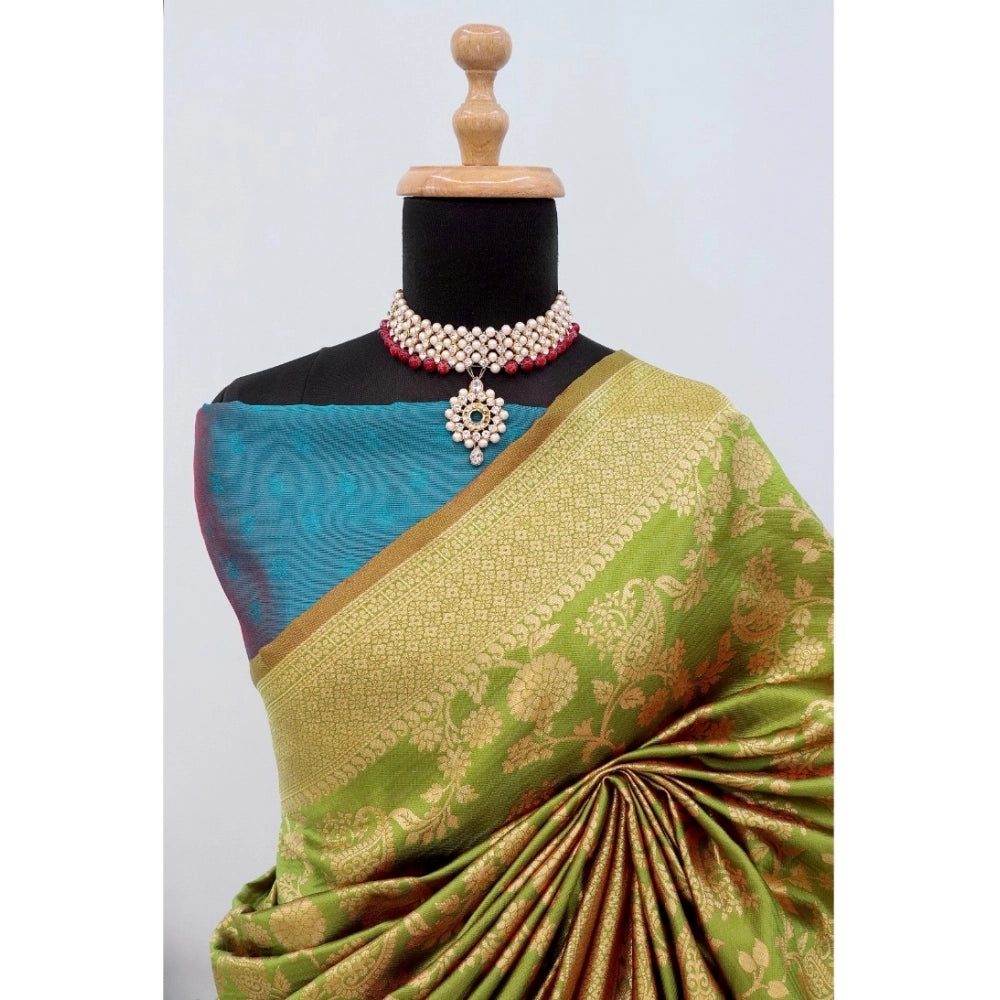 Generic Women's Banarasi Printed Saree With Unstitched Blouse 5.5Mtr (Mehendi Green)