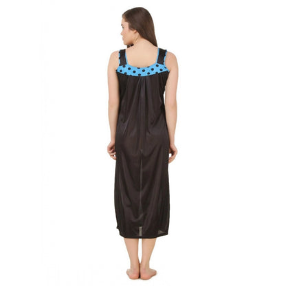 Women's Satin Long Nighty with Sleeve Less(Color: Turquoise and Black, Neck Type: U Neck)