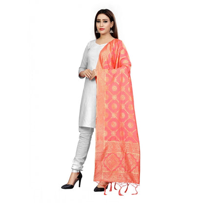 Generic Women's Banarasi Silk Floral Printed Dupatta (Peach, Length:2-2.4 mtr)
