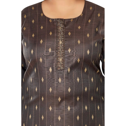 Generic Women's Casual 3/4th Sleeve Golden Embroided Cotton Mix Straight Kurti (Dark Grey)