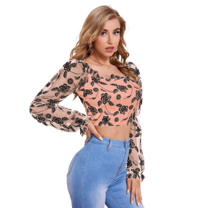 Generic Women's Polyester Solid Full Sleeves Square Collar Top (Peach)