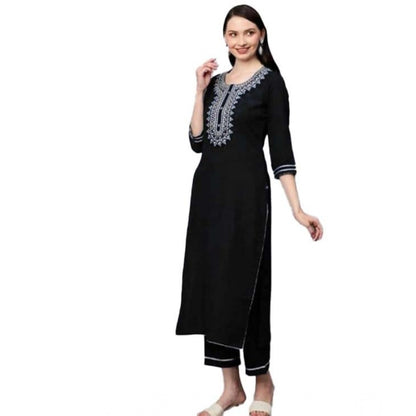 Generic Women's Cotton Printed 3-4th Sleeve Ankle Length Kurti with Pant Set (Black)