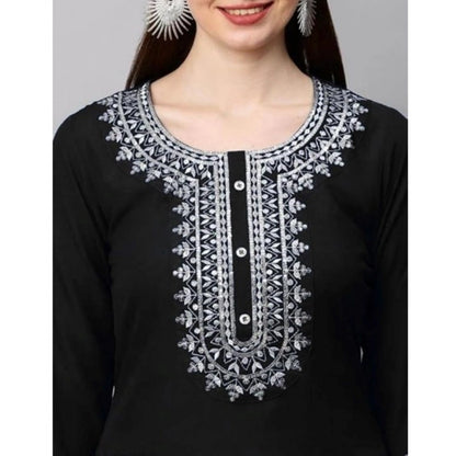 Generic Women's Cotton Printed 3-4th Sleeve Ankle Length Kurti with Pant Set (Black)