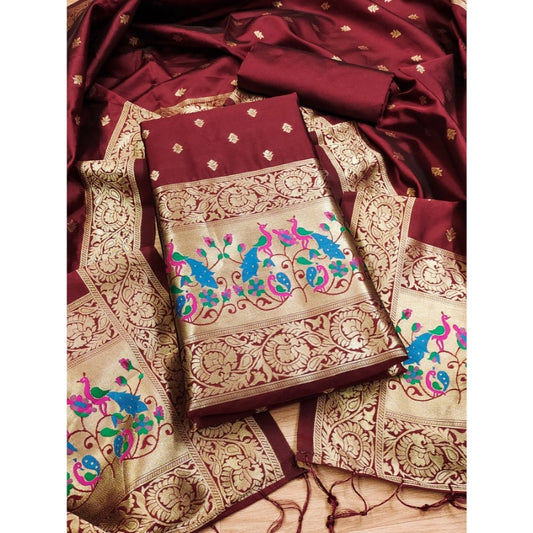 जेनेरिक महिलाओं के लिए बनारसी सिल्क प्रिंटेड अनस्टिच्ड सलवार सूट मटीरियल दुपट्टे के साथ (मैरून, 3 मीटर)
