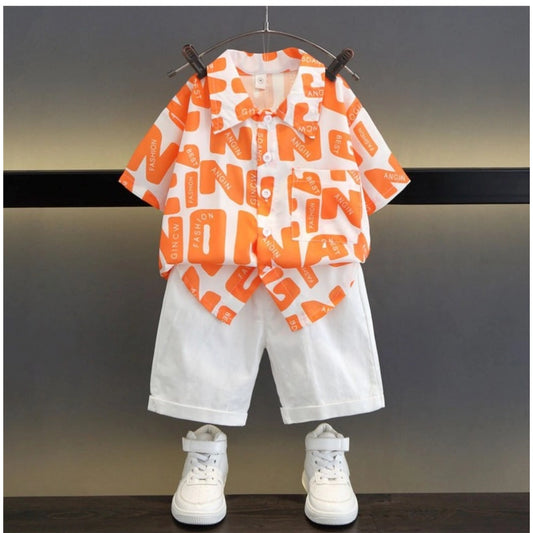 Generic Kid's Lycra Printed Casual wear Shirt And Shorts Set (Orange)