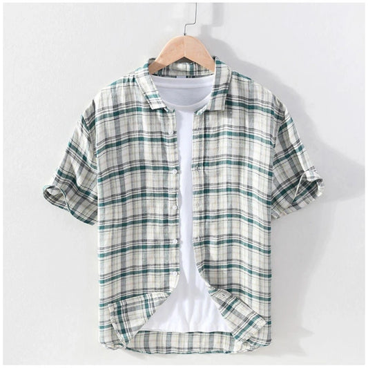 Generic Men's Casual Cotton Checked 3-4th Sleeve Collar Shirt (Blue)