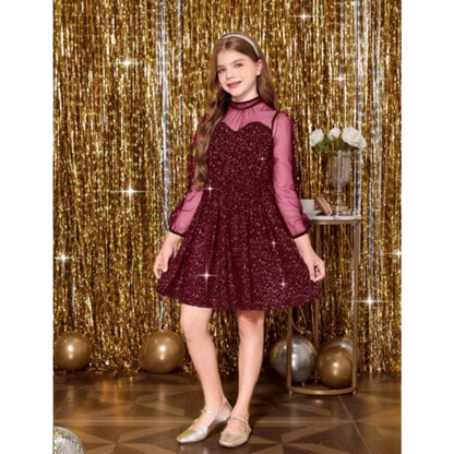 Generic Girl's Rayon Solid Round Neck Western Dress (Maroon)
