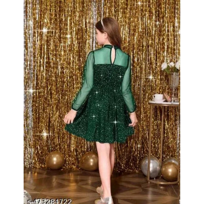 Generic Girl's Rayon Solid Round Neck Western Dress (Green)